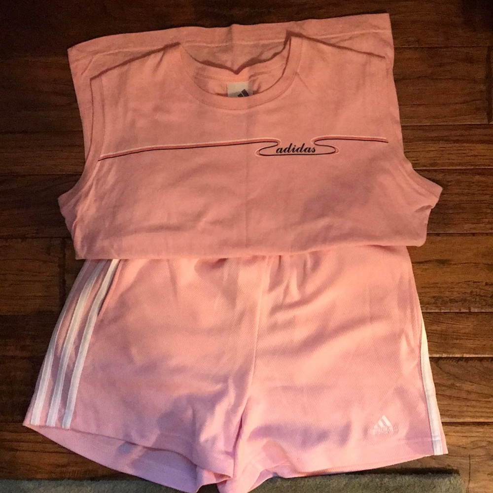 Light pink adidas shirt and shorts